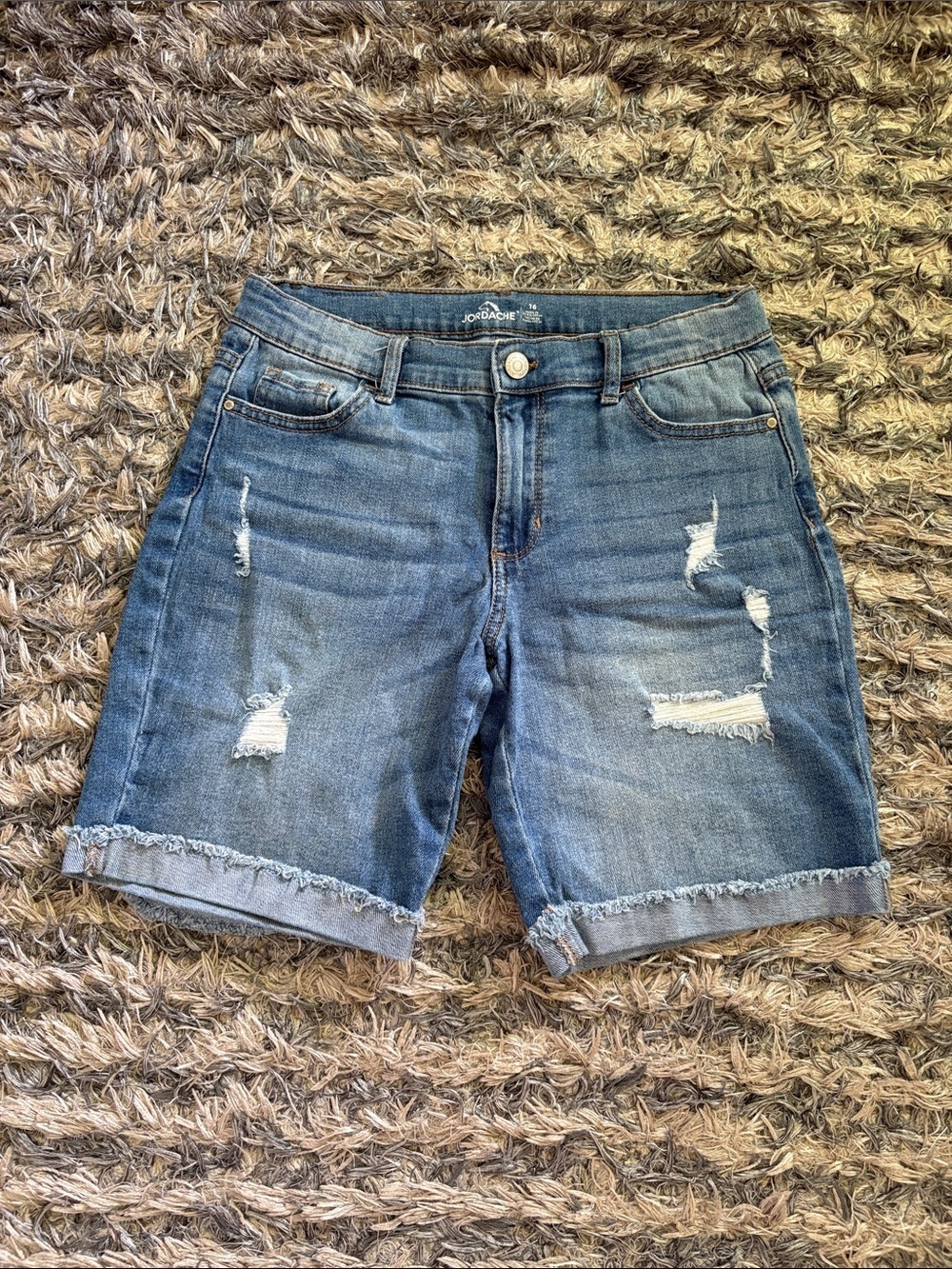 Jordache Distressed Medium Blue Denim Cotton Jean Shorts Waist 27”